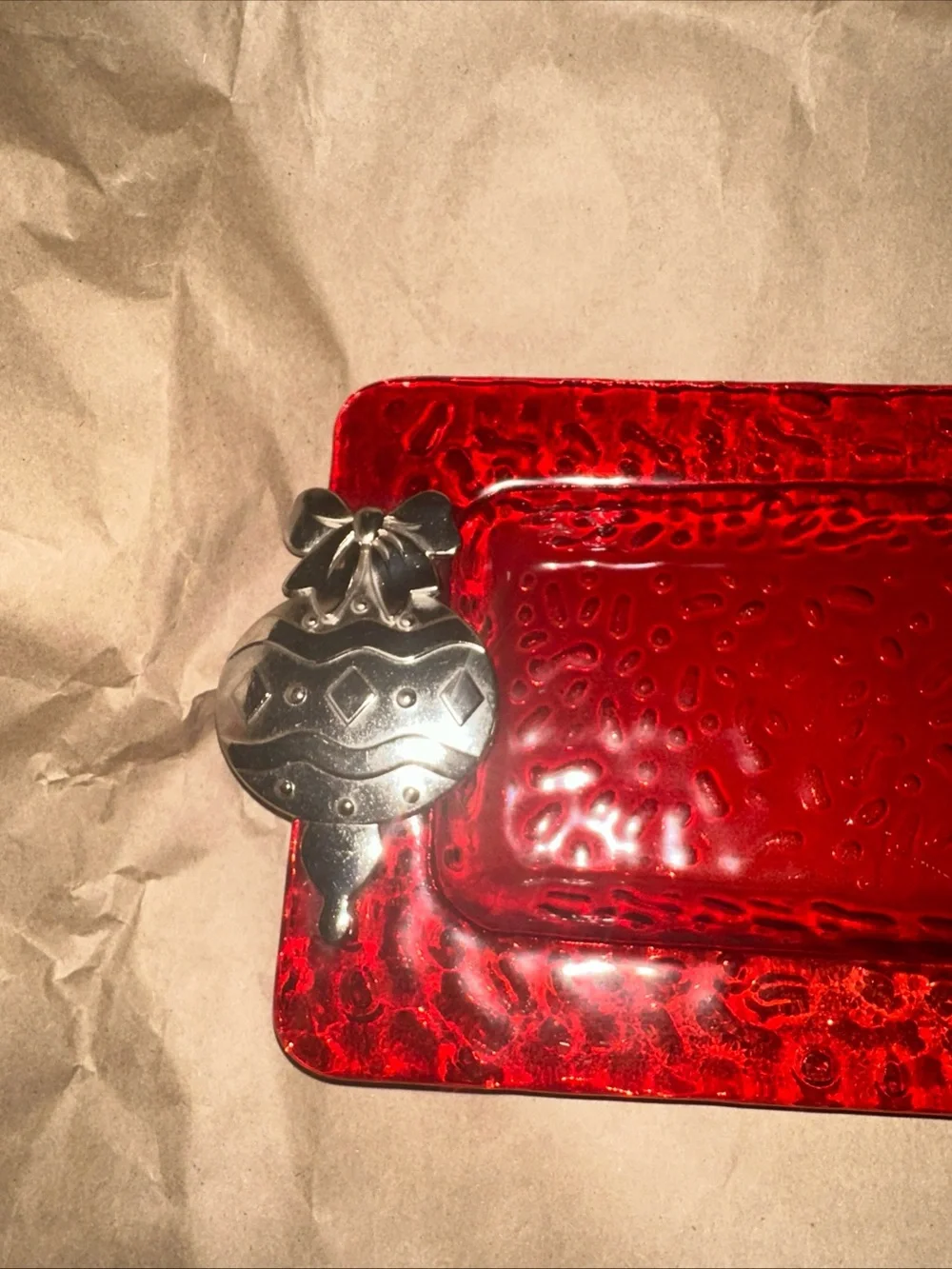 Red Glass Vanity Tray with Silver ornament Accent Handles Christmas